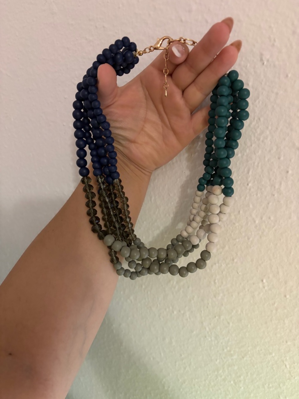 Multi-Strand Beaded Statement Necklace in Navy, Teal, Gray, and White